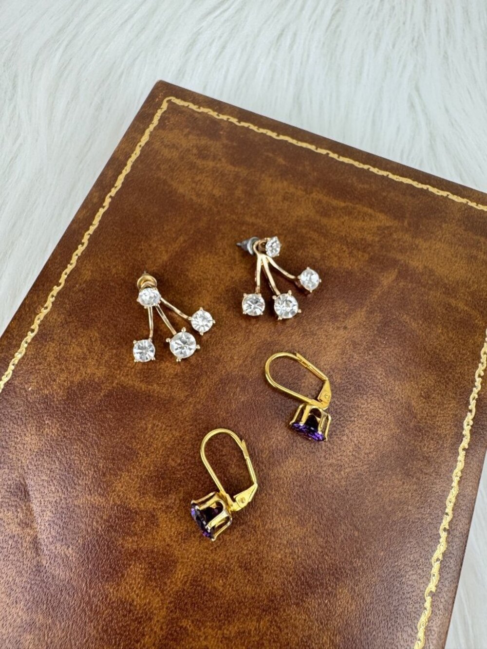 Lot of Gold Tone Earring Clear Crystal Ear Jackets & Purple Leverback Drop